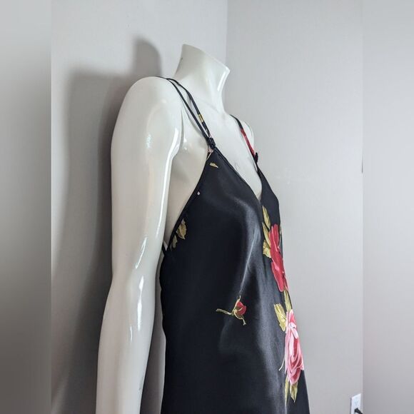 Vintage La Vie en Rose Black Floral Satin Slip Dress – Crisscross Back – SzLarge - Picture 11 of 12